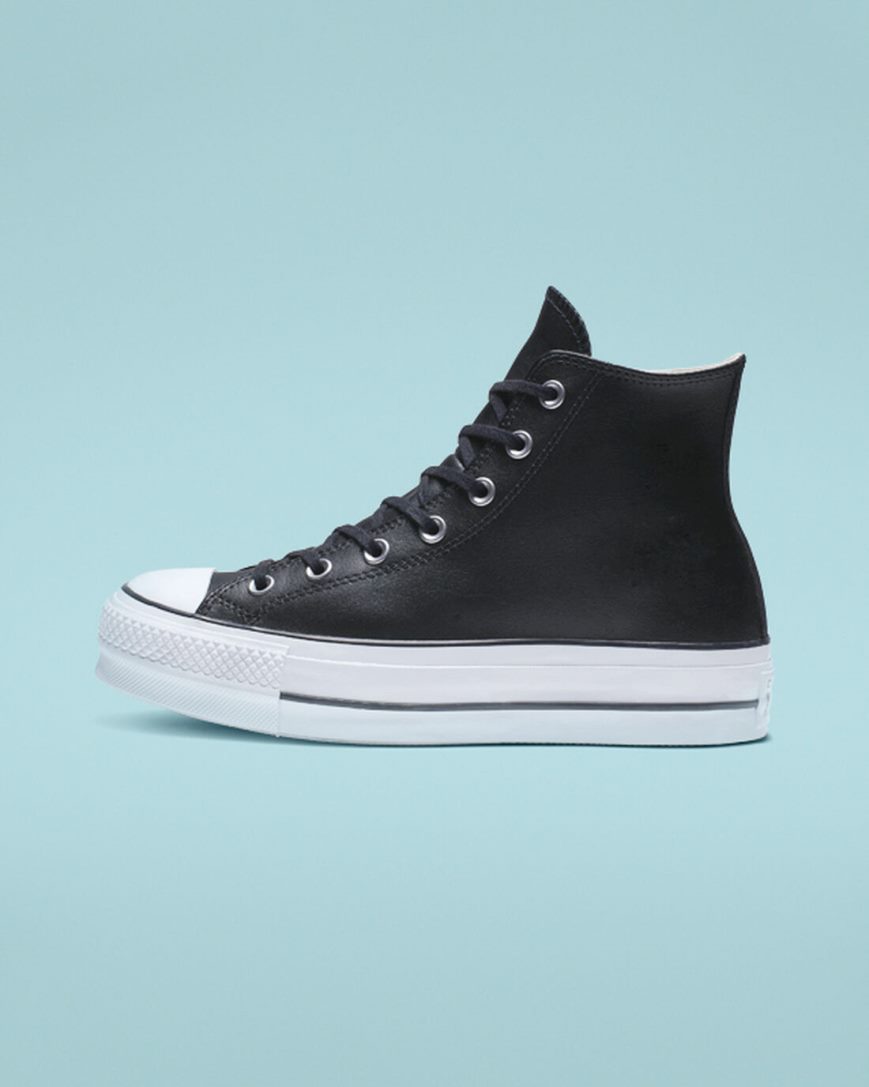 Sapatos Plataforma Converse Chuck Taylor All Star Lift Couro Cano Alto Feminino Pretas Branco | PT Y045T9P